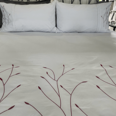 Duvet Cover • Embroidered • Burgundy Twig • 200T • 100% Cotton Percale • White